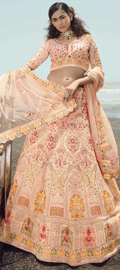 Bridal, Wedding Pink and Majenta color Lehenga in Georgette fabric with A Line Embroidered, Resham, Stone, Thread, Zari, Zircon work : 1821964