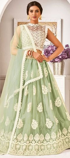 Mehendi Sangeet, Reception Green color Lehenga in Net fabric with A Line Embroidered, Resham, Thread work : 1821980