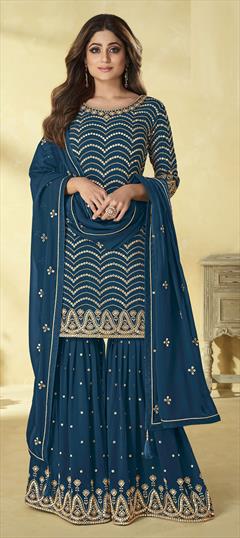 Bollywood, Party Wear, Reception Blue color Salwar Kameez in Georgette fabric with Sharara Embroidered, Mirror, Thread work : 1821997