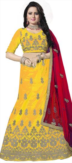 Mehendi Sangeet, Reception Yellow color Lehenga in Art Silk, Silk fabric with A Line Embroidered, Stone, Thread, Zari work : 1822050