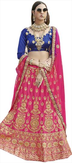 Mehendi Sangeet, Reception Pink and Majenta color Lehenga in Satin Silk fabric with A Line Embroidered, Stone, Thread, Zari work : 1822051