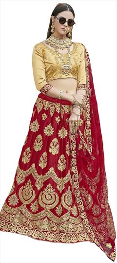 Mehendi Sangeet, Reception Red and Maroon color Lehenga in Satin Silk fabric with A Line Embroidered, Stone, Thread, Zari work : 1822052