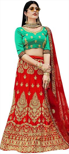 Mehendi Sangeet, Reception Red and Maroon color Lehenga in Satin Silk fabric with A Line Embroidered, Stone, Thread, Zari work : 1822054