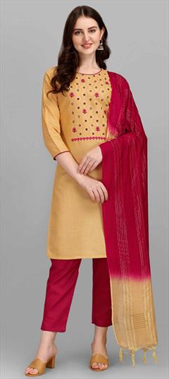 Party Wear Beige and Brown color Salwar Kameez in Cotton fabric with Straight Embroidered, Resham, Thread work : 1822211