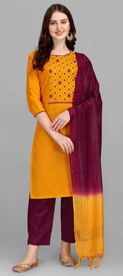 Party Wear Yellow color Salwar Kameez in Cotton fabric with Straight Embroidered, Resham, Thread work : 1822212