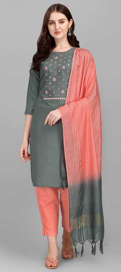 Party Wear Black and Grey color Salwar Kameez in Cotton fabric with Straight Embroidered, Resham, Thread work : 1822214