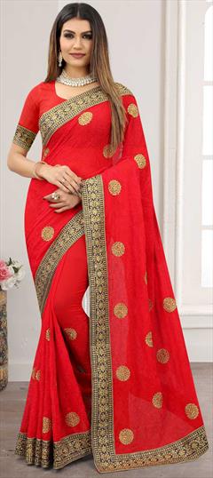 Festive, Reception Red and Maroon color Saree in Georgette fabric with Classic Embroidered, Resham, Stone, Zari work : 1822279