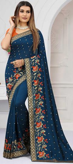 Traditional Blue color Saree in Art Silk, Silk fabric with South Embroidered, Resham, Stone, Zari work : 1822287