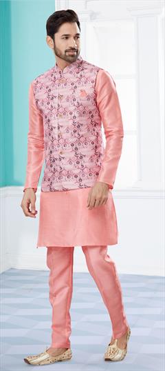 Pink and Majenta color Kurta Pyjama with Jacket in Dupion Silk fabric with Weaving work : 1822314