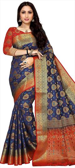 Traditional, Wedding Blue color Saree in Kanchipuram Silk, Silk fabric with South Weaving work : 1822417