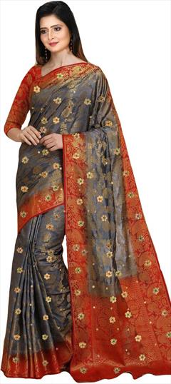 Traditional, Wedding Black and Grey color Saree in Kanchipuram Silk fabric with South Stone, Weaving work : 1822424