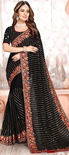 Reception, Wedding Black and Grey color Saree in Georgette fabric with Classic Embroidered, Resham, Sequence, Thread, Zari work : 1822534