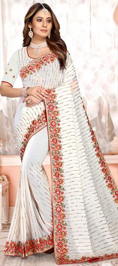 Reception, Wedding White and Off White color Saree in Georgette fabric with Classic Embroidered, Resham, Sequence, Thread, Zari work : 1822535