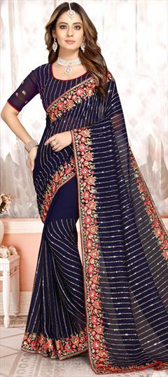Reception, Wedding Blue color Saree in Georgette fabric with Classic Embroidered, Resham, Sequence, Thread, Zari work : 1822537