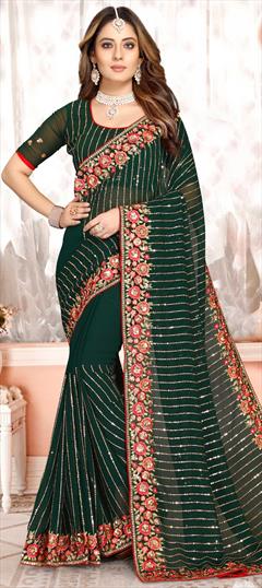 Reception, Wedding Green color Saree in Georgette fabric with Classic Embroidered, Resham, Sequence, Thread, Zari work : 1822539