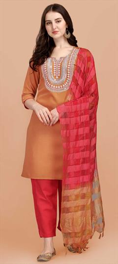 Casual Yellow color Salwar Kameez in Cotton fabric with Straight Embroidered, Resham, Thread work : 1822541