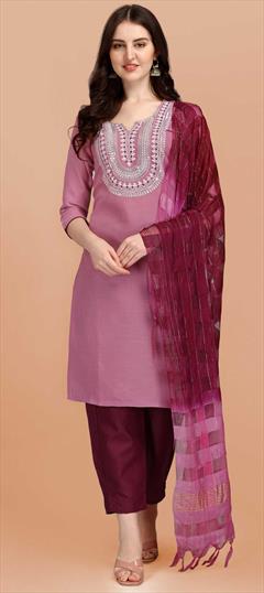 Casual Pink and Majenta color Salwar Kameez in Cotton fabric with Straight Embroidered, Resham, Thread work : 1822544