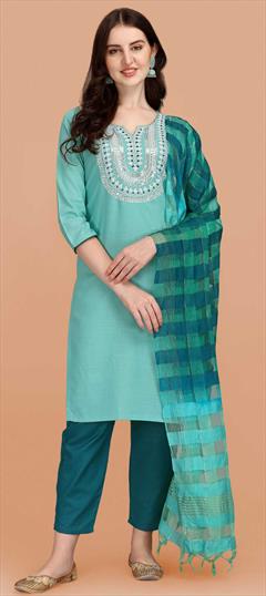 Casual Blue color Salwar Kameez in Cotton fabric with Straight Embroidered, Resham, Thread work : 1822547