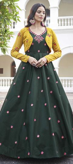 Festive, Party Wear Green color Gown in Cotton fabric with Embroidered, Sequence, Thread work : 1822590