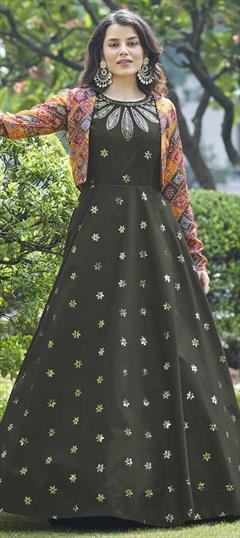 Festive, Party Wear Green color Gown in Cotton fabric with Embroidered, Sequence, Thread work : 1822594