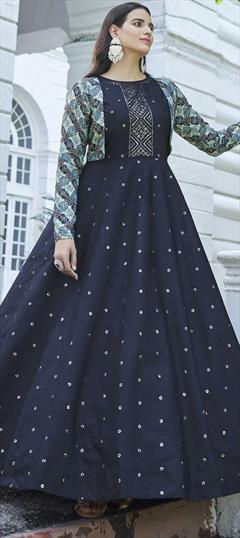Festive, Party Wear Blue color Gown in Cotton fabric with Embroidered, Sequence, Thread work : 1822598