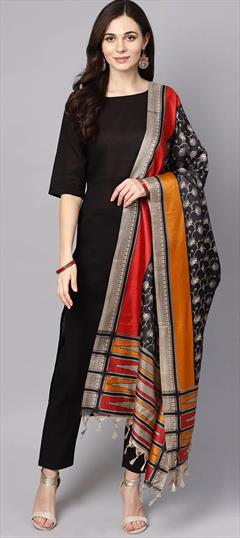 Casual, Party Wear Black and Grey color Salwar Kameez in Cotton fabric with Straight Thread work : 1822619