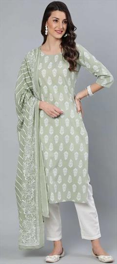 Casual, Party Wear Green color Salwar Kameez in Cotton fabric with Straight Printed work : 1822643