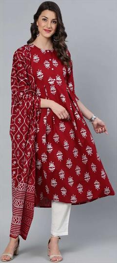 Casual, Party Wear Red and Maroon color Salwar Kameez in Cotton fabric with A Line Printed work : 1822648