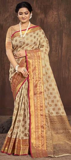 Traditional Beige and Brown color Saree in Cotton fabric with Bengali Weaving work : 1822777