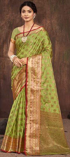 Traditional Green color Saree in Cotton fabric with Bengali Weaving work : 1822779