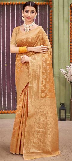 Traditional Orange color Saree in Linen fabric with Bengali Weaving work : 1822809