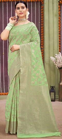 Traditional Green color Saree in Linen fabric with Bengali Weaving work : 1822813