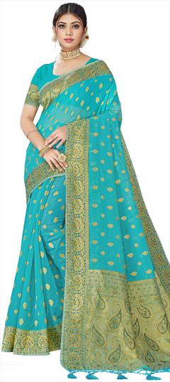 Traditional Blue color Saree in Cotton fabric with Bengali Stone, Weaving work : 1822916