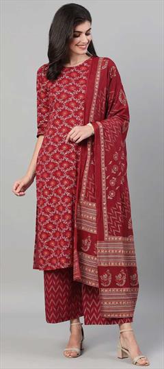 Casual, Party Wear Red and Maroon color Salwar Kameez in Cotton fabric with Palazzo, Straight Printed work : 1822961