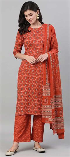 Casual, Party Wear Orange color Salwar Kameez in Cotton fabric with Palazzo, Straight Printed work : 1822962