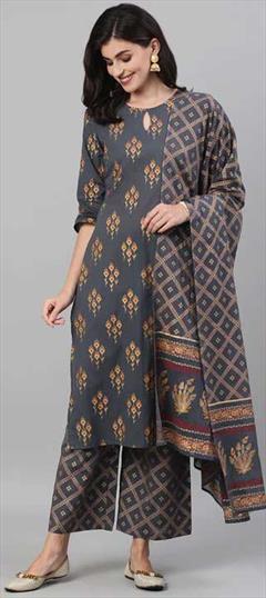 Casual, Party Wear Black and Grey color Salwar Kameez in Cotton fabric with Palazzo, Straight Printed work : 1822963