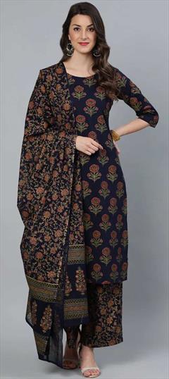Casual, Party Wear Blue color Salwar Kameez in Cotton fabric with Palazzo, Straight Floral, Printed work : 1822967