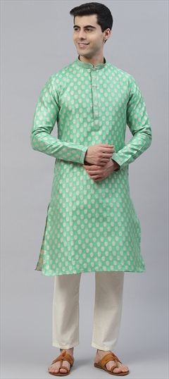 Casual Green color Kurta Pyjamas in Banarasi Silk fabric with Straight Thread, Weaving work : 1822973