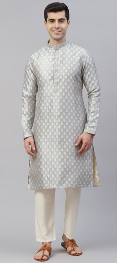 Casual Black and Grey color Kurta Pyjamas in Banarasi Silk fabric with Straight Thread, Weaving work : 1822979