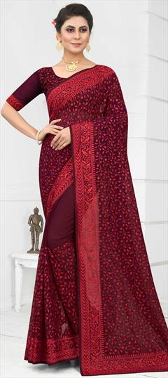 Festive, Reception Red and Maroon color Saree in Georgette fabric with Classic Embroidered, Resham, Thread work : 1823042