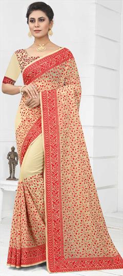 Festive, Reception Beige and Brown color Saree in Georgette fabric with Classic Embroidered, Resham, Thread work : 1823046