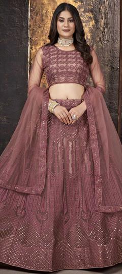 Festive, Reception Beige and Brown color Lehenga in Net fabric with A Line Embroidered, Resham, Sequence, Thread work : 1823127