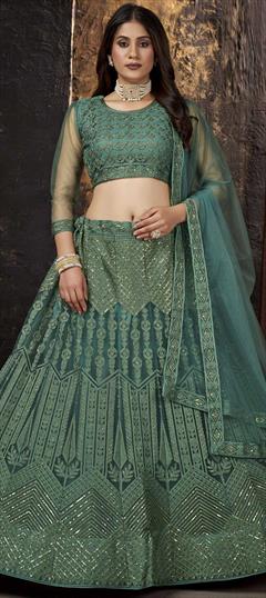Festive, Reception Green color Lehenga in Net fabric with A Line Embroidered, Resham, Sequence, Thread work : 1823129