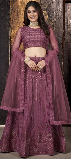 Festive, Reception Pink and Majenta color Lehenga in Net fabric with A Line Embroidered, Resham, Sequence, Thread work : 1823130