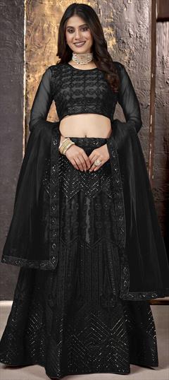 Festive, Reception Black and Grey color Lehenga in Net fabric with A Line Embroidered, Resham, Sequence, Thread work : 1823132