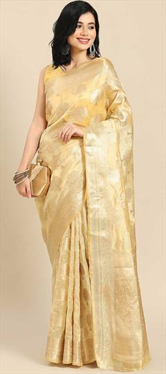 Traditional Beige and Brown color Saree in Organza Silk, Silk fabric with South Weaving work : 1823195