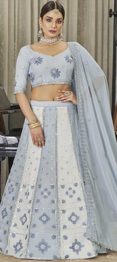 Festive, Reception Black and Grey, White and Off White color Lehenga in Georgette fabric with A Line Embroidered, Sequence, Thread work : 1823305