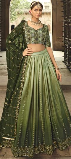 Engagement, Reception Green color Lehenga in Silk fabric with A Line Embroidered, Sequence, Thread work : 1823363
