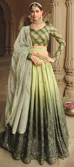 Engagement, Reception Green color Lehenga in Silk fabric with A Line Embroidered, Sequence, Thread work : 1823365
