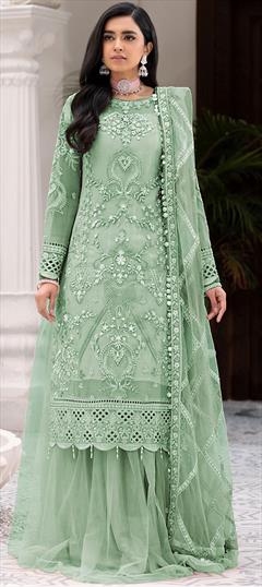 Festive, Party Wear Green color Long Lehenga Choli in Net fabric with Embroidered, Sequence, Stone work : 1823391
